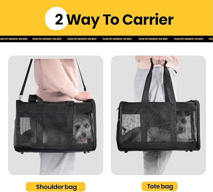 Conlun Dog Carrier Soft Sided, Large Cat Carrier with Inner Safety Leash, Pet Transport Carrier for Large Cats and Medium Dogs up to 20 Lbs, Collapsible Travel Puppy Carrier Bag -Black L