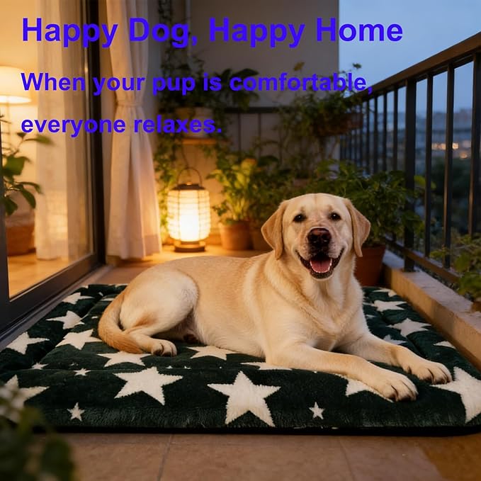 Fogkiss Dog Bed Mat, Reversible Crate Pad & Durable Dog Bed - Machine Washable Kennel Mat with Ultra Soft for Large Dogs (Big&Small Stars Green, 35" L*23" W*1.5" Th)
