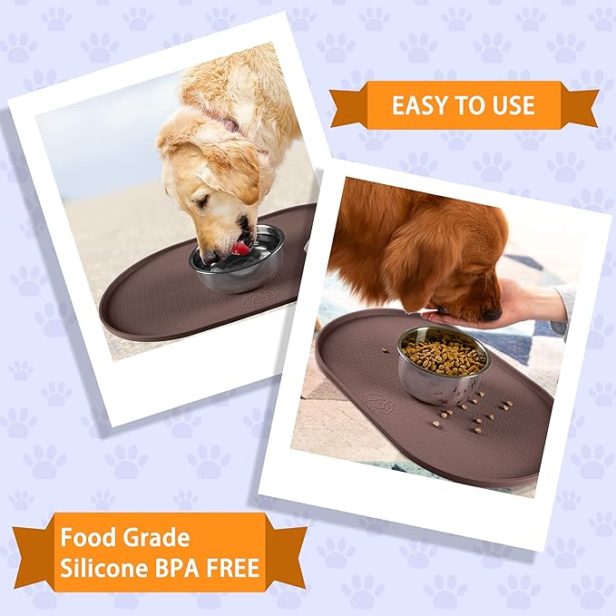 100% Waterproof 0.5" Raised Edge BPA Free Silicone Dog Food Mat, Pet Cat Feeding Mats Contain Spills Protects Floors, Placemats for Cats and Dogs Water Bowl Dishwasher. (Small, Brown)
