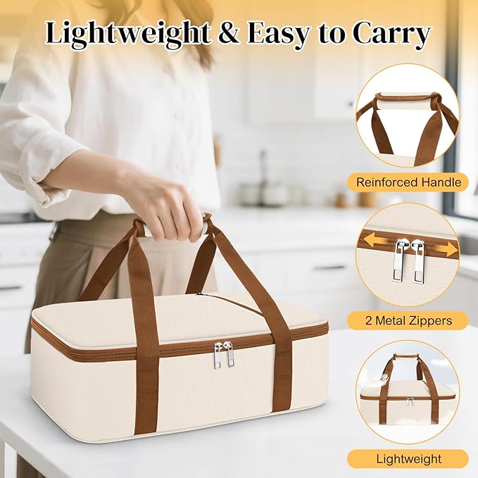 Coobiiya Insulated Casserole Carrier – Portable Tote for Hot or Cold Food, Warmer & Cooler Bag Lunch Bag, Fits 9" x 13" Baking Dish, Ideal for Potluck Parties