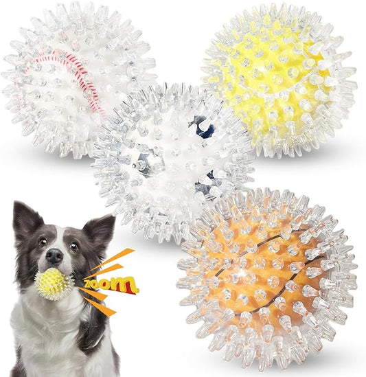 4 Pack Squeaky Dog Toy Balls - 3.54" Durable Spikey Balls for Aggressive Chewers, Tough Natural Rubber Interactive Fetch Toys for Medium & Large Dogs, Dental Care Teething Balls