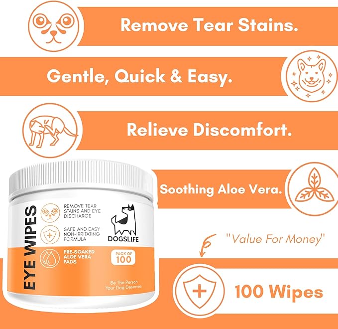 Dog Eye Wipes – Tear Stain Remover for Dogs & Puppies – 100 Aloe Vera Pet Eye Wipes – Gentle Eye Discharge & Crust Cleaner – Safe & Hypoallergenic Dog Eye Cleaning Pads