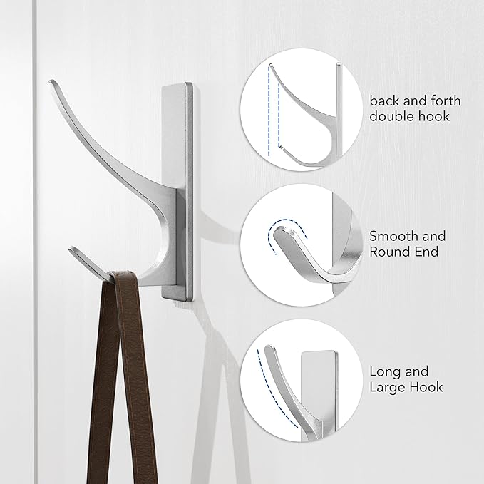 pickpiff Self Adhesive Coat Hooks for Hanging: Heavy Duty Stainless Wall Hook for Towel, Utensil, Backpack, Hat, Sturdy Metal Hanger for Bathroom, Kitchen, Door, 10-Pack, Silver