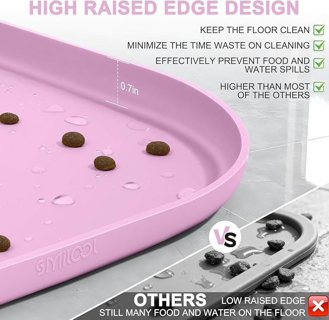 Small Silicone Pet Food Mat with Raised Edge for Food and Water Bowl, Square Dog Feeding Mats, Cat Food Trays for Floor Waterproof, Rubber Tray for Dogs and Cats, 12 x 12 x 0.7 Pink