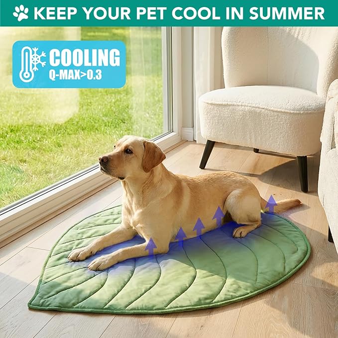 PetAmi Dog Cooling Mat, Leaf Shape, Reversible Cooling Nylon Blanket Soft Fleece Pet Pad for Dogs Cats, Summer All Season Use Q-Max>0.3, Large 52x60 in, Sage Green