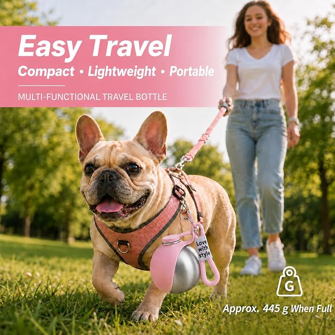 Portable Dog Water Bottle, 10 oz Stainless Steel Pet Travel Dispenser with Silicone Foldable Bowl, Leak Proof Tumbler, Dog Walking Accessories for Hiking and Small Pets (Pink)