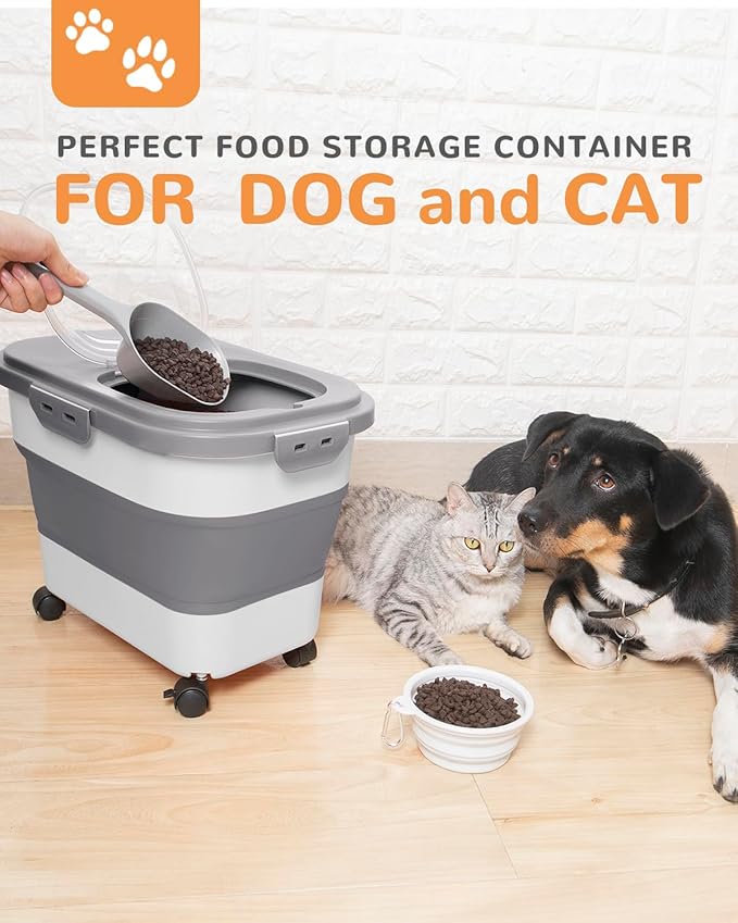 DDMOMMY 20-23 Lbs Dog Food Storage Container - Collapsible Dog Food Container with Attachable Casters and Scoop,Travel Silicone Bowl, Pet Food Storage Containers to Keep Dry Food Fresh,Easy to Move