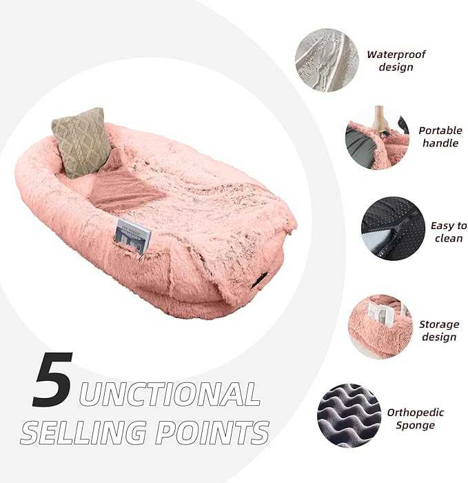 Human Dog Bed - Extra Large Dog Bed for Humans,71''x45''x12'' 、 Giant Cuddle Pillow Pet Lounger, Super Soft Plush Orthopedic Floor Cushion for Adults, Kids, Pets - Washable Cover, Pink.