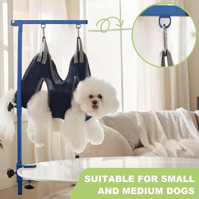 Home Dog Grooming Table Arm with Hammock 35" Height Adjustable Dog Grooming Arm with Clamp No-Sit Haunch Holders Durable Blue(Grooming Table Not Included)