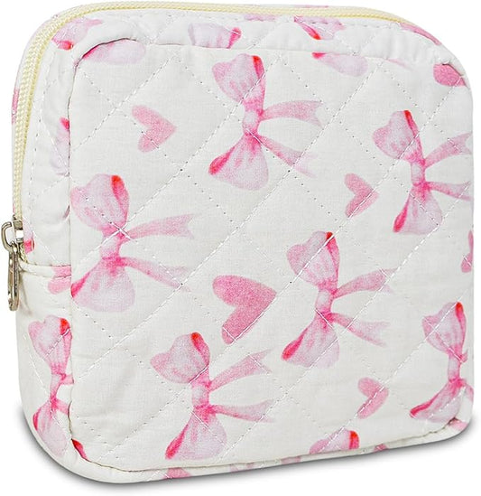 Small Floral Quilted Makeup Bag, Coquette Aesthetic Travel Toiletry Organizer for Women, Lightweight Cotton Cosmetic Pouch