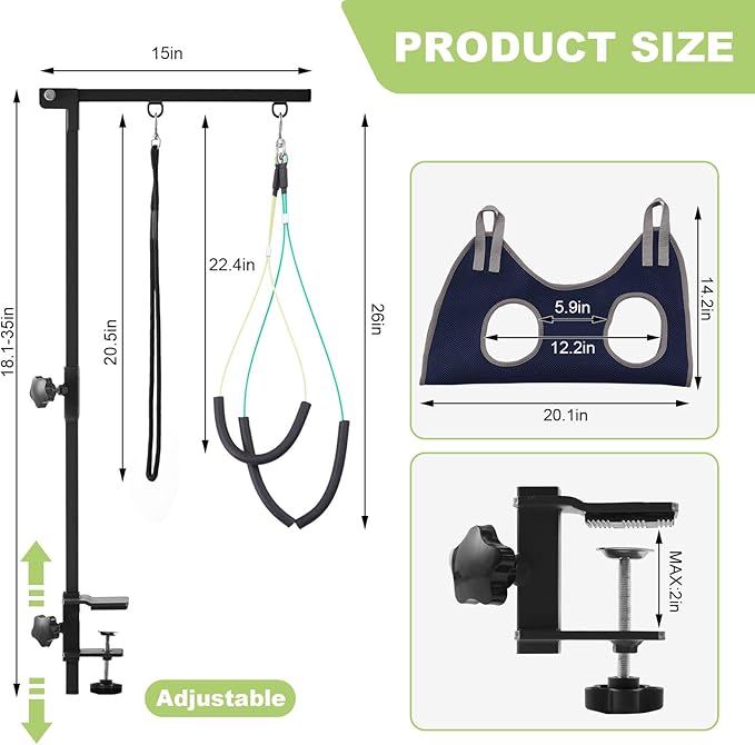 Home Dog Grooming Table Arm with Hammock 35" Height Adjustable Dog Grooming Arm with Clamp No-Sit Haunch Holders Durable(Grooming Table Not Included)