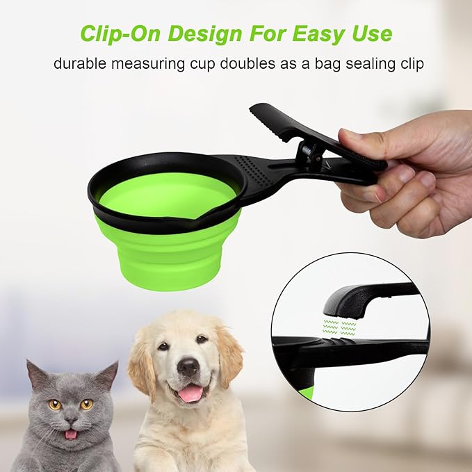 PNEUICALLY Collapsible Dog Food Scoop Foldable Pet Food Bag Clip 3 in 1 Multi-function Silicone Cat Food Measuring Cup Scoop Dog Food Scooper Pet Food Storage Clip (Green, 2 Cup Capacity(1 Pack))