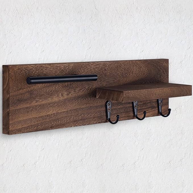 Lucundm Key Holder for Wall, Decorative Entryway Shelf with Hooks Holds Keys, Dog Leash, Sunglasses – Key Hanger with 3 Hooks Organizes, Enhances Home Decor (15” x 4.5” x 2.6”) (Brown)
