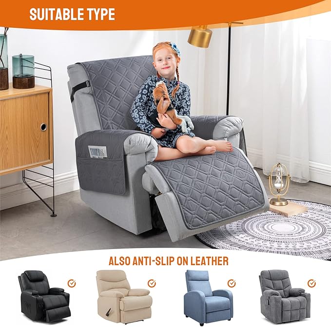 VANSOFY 100% Waterproof Recliner Chair Covers, Recliner Cover Non-Slip Dog Chair Cover Furniture Protector Washable Slipcover with Pocket, Elastic Straps for Kids Pets, Dogs(Dark Gray, 20")