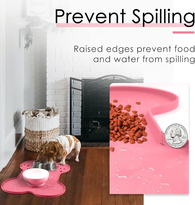 Super Design Dog Food Mat Dog Bowl Mat for Food and Water Silicone Non Spill Cat Feeding Mat Puppy Placemat Waterproof - 20.5" x 14.5", Pink