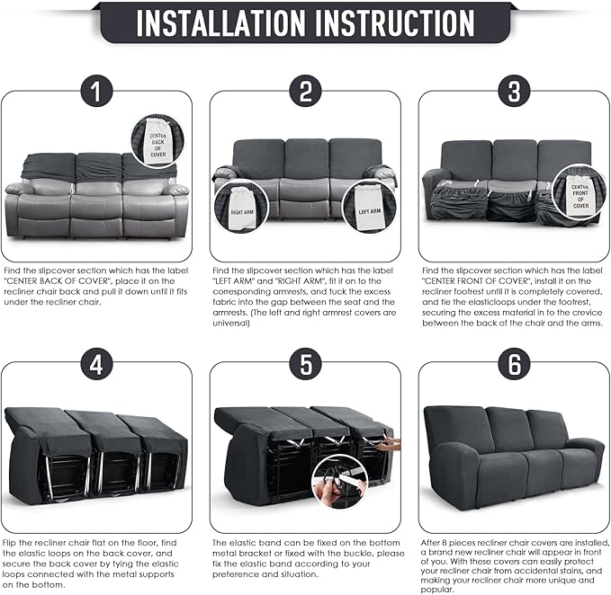 TAOCOCO Recliner Sofa Covers 8-Pieces Stretch Large Couch Covers for 3 Seats Reclining Slipcovers Soft Jacquard Pattern Furniture Protector (Charcoal Grey)