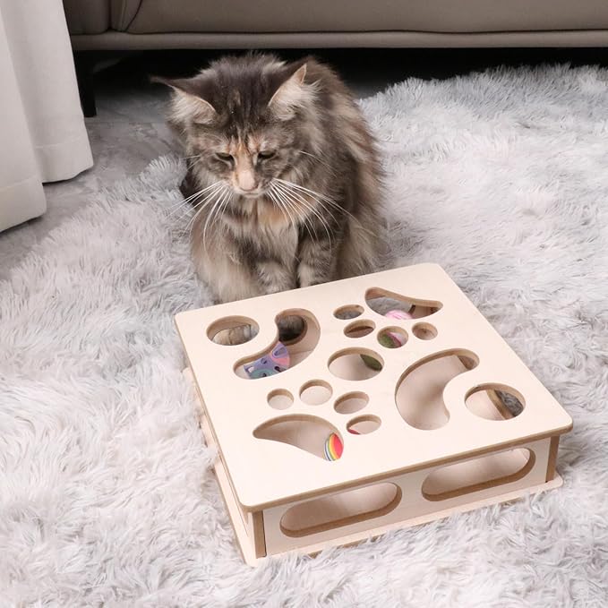 DI BI GRAMAS Cat Interactive Box Puzzle Toy with 3 Small Balls and 1 Bell Indoor Hunting Exercise Toy for Kittens Natural Wood Material
