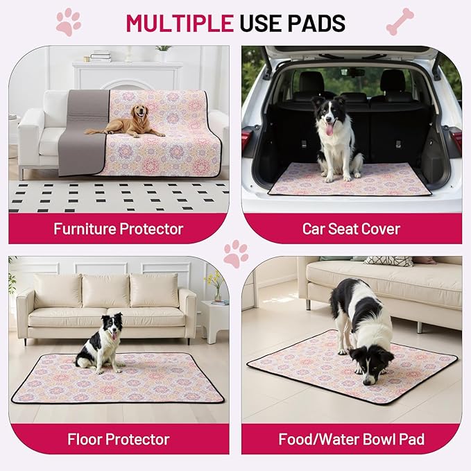 Washable Dog Pee Pads, 24"x36" Reusable Absorbent Dog Pads, Washable, Waterproof & Non-Slip Puppy Pads for Potty Training, Crate, Playpen, Whelping, Mandala Floral Pattern (Pack of 2)