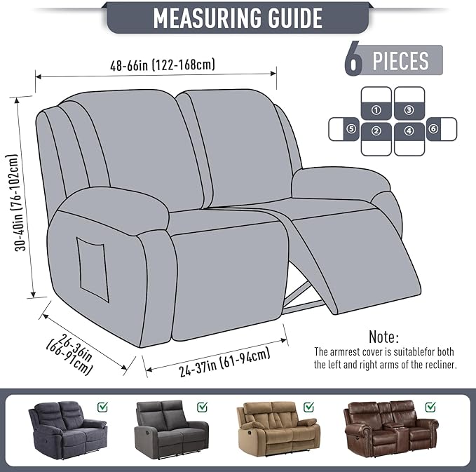 TAOCOCO Recliner Loveseat Slipcover, 6 Pieces Dual Recliner Sofa Covers for 2 Seat Dual Reclining Loveseat Couch, Stretch Soft Jacquard Pattern Furniture Protector with Elasticity (Grey)