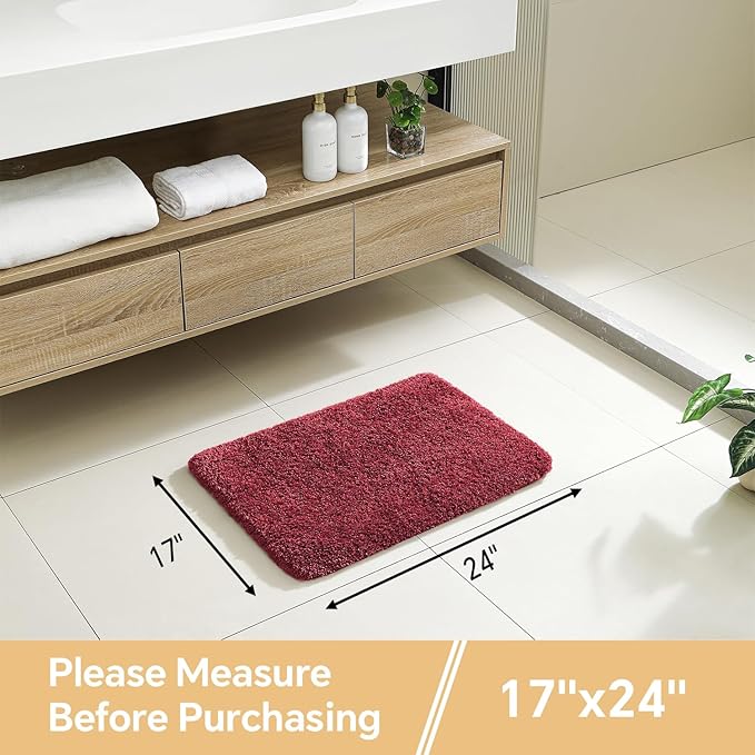 Red Bathroom Rugs 17"x24" - High-Density Microfiber Bath Mat, Fluffy Non Slip Absorbent and Washable Bathroom Mat - Ideal for Small Spaces, Vanity, Toilet, or Pet Mat