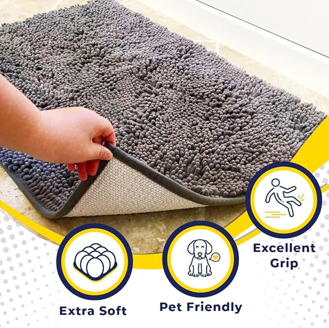 Muddy Mat® | Super Absorbent Door Mat Indoor, Microfiber Quick Dry Chenille Entryway Rug, Non-Slip Front Door Mat, Indoor Mats for Entryway, Machine Washable Pet Rug, Grey 28"x18"