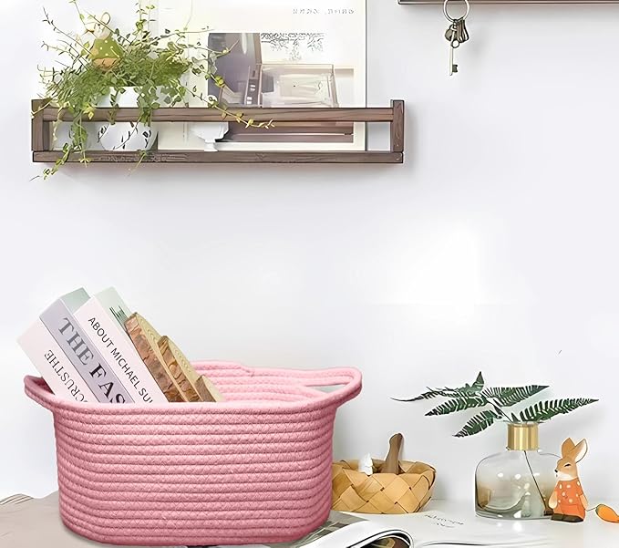 Poschnor Baby Gift Basket with Gift Bags and Ribbons, 12x 8x 5 Inch Basket for Baby and Pet Toys, Small Cotton Rope Basket - Pink