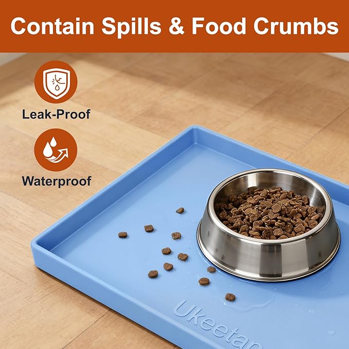 Extra Thick Silicone Mat Waterproof with Raised Edge 19” x 12”, BPA Free Non-Slip Dog & Cat Food Mat, Feeding Mat for Food and Water Bowls, Spill Proof Mat to Protect Floors, Blue