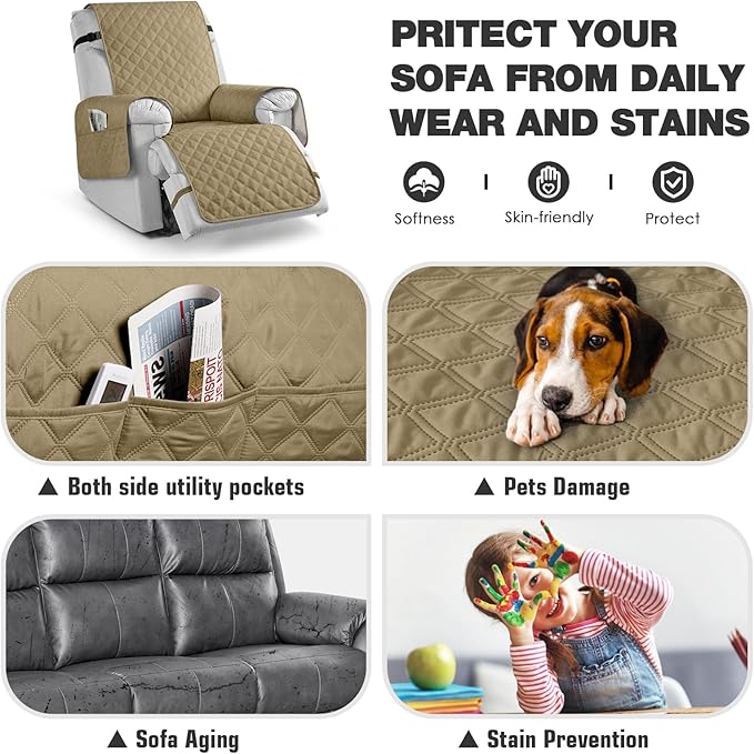 TAOCOCO 100% Waterproof Recliner Chair Cover Non-Slip Reclining Cover for Recliner Chair Washable Chair Seat Cover with Elastic Straps for Pets Sofa Slipcover with Pocket (Oversized 28'', Camel)
