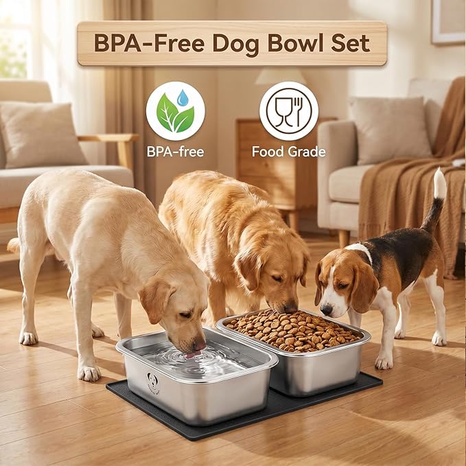 2 Pack Stainless Steel Dog Bowls for Large Dogs with Non-Slip Mat, High Capacity Metal Dog Food Bowls, Food and Water Bowl for Larges, X-Large, and Big Dogs 0.85 Gallons