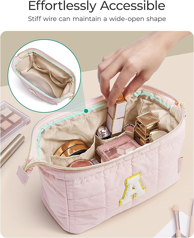 BAGSMART Birthday Gifts Personalized Initial Makeup Bag, Trendy Stuff Gifts for Women Bridesmaid Graduation, Puffy Padded Make Up Bags for Women, Wide-open Toiletry Bag, Pink L