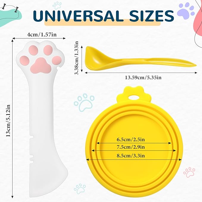 Uiifan Cat Food Lid Cat Food Can Covers Lids 8 Pcs Pet Can Supplies Set 5 Silicone Wet Kitten Foodstuff Tin Covers Lids 2 Silicone Dog Spoons 1 Paw Shape Multifunctional Opener for Pets(Yellow)