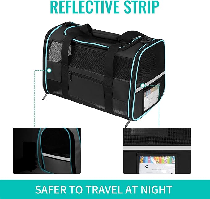 17" Soft-Sided Pet Travel Carrier for Cats and Small Dogs, Airline - Approved, Travel Tote with Mesh Windows, Foldable Bowl, Shoulder Strap, Black