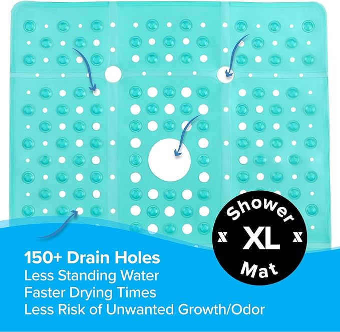 SlipX Solutions 27" Oversize Square Shower Mat, Non-Slip Mat for Elderly & Kids, 100+ Power Grip Suction Cups for Smooth Surfaces, Machine Washable, Transparent Aqua