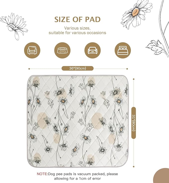 IEUUMLER Washable Pee Pads for Dogs, 2 Pack Non-Slip & Waterproof Whelping Pad, Reusable Puppy Potty Training with Fast Absorbent for Playpen EU007 (Beige Daisy, 31"X36"-2pcs)