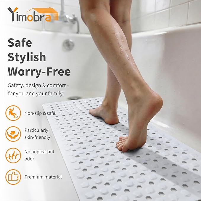 Yimobra Bathtub Mat Non Slip, 27.5"x15.5" Machine Washable Shower Floor Mat, Soft on Feet, Bathmat with Drain Holes and Suction Cups, Bathroom Essentials, White