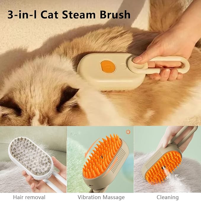 Cat Steam Brush, 3 in 1 Pet Steam Cats Brushes Rechargeable Anti-Static Grooming Brushe, Vibration Massage Cleaning Shedding & Combing Multifunctional Hair Removal Comb for Cats Dog (Khaki)