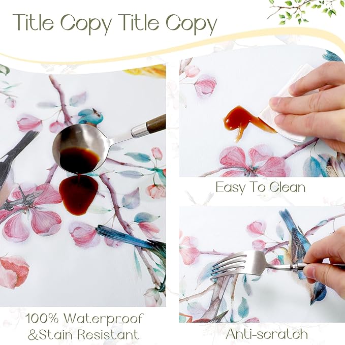Romanstile Spring Square Vinyl Tablecloth, 100% Waterproof Oil-Proof Plastic Table Cloth, Heavy Duty Vinyl Table Cover for Dining, Camping, Picnic, Outdoor - 54 x 54 Inch, Bird