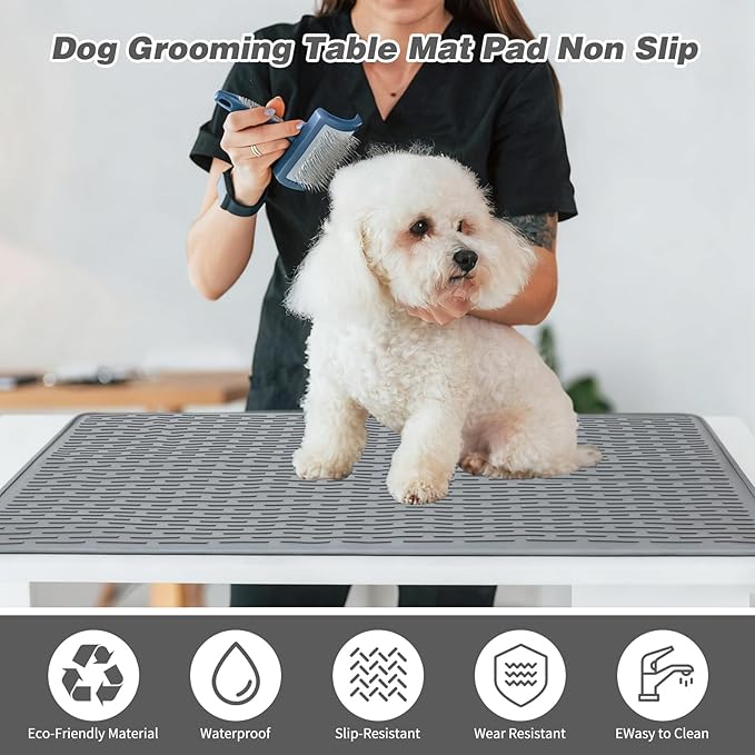 Dog Grooming Table Mat Pad Non Slip, Multipurpose Soft Pet Grooming Table Mats at Home, 28 x 19.7 Inch Silicone Durable Anti-Fatigue Groomer Mats Paw Protection Easy-Clean Cat Dog Bath Mat (Grey)