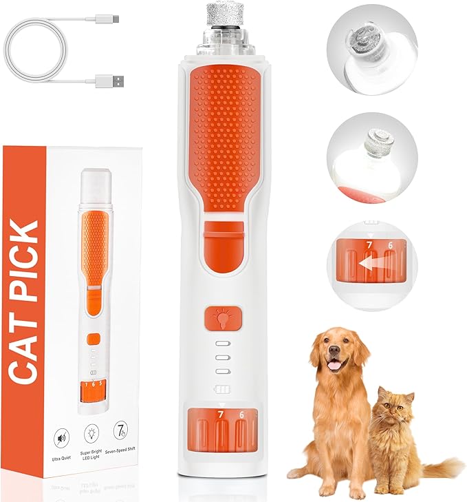 Dog Nail Grinder 7-Speed & 360° LED Light, Professional Pet Nail Grinder for Dogs and Cats, Electric Dog Nail Trimmer Painless Paws Grooming & Smoothing Tool for Large Small Dogs Cats Pets