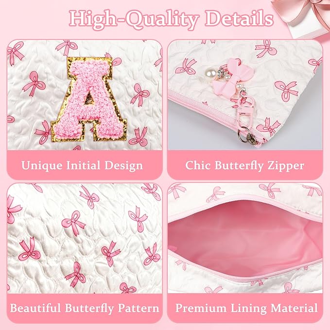 Initial Makeup Bag, Christmas Gifts for Women Teens Girls Birthday Gift Personalized Bow Cosmetic Bag, Quilted Cosmetic Travel Toiletry Pouch, Cute Makeup Organizer Teen Girl Gifts Trendy Stuff, S