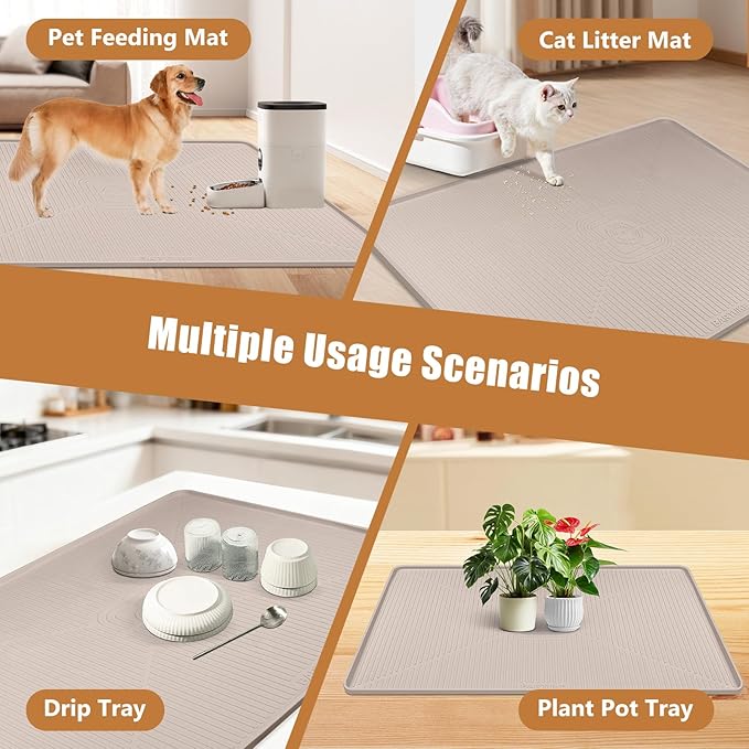 Lorvain Dog Food Mat, 45" x 30" Silicone Pet Feeding Mat with Raised Edges, Extra Large Pet Placemat for Dog Cat Food and Water Bowl Non-Slip, Easy to Clean, Waterproof & Floor Protection, Beige