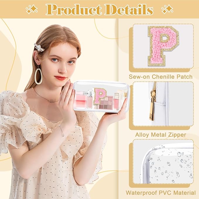 Personalized Initial Letter Clear Makeup Bag,Preppy Small Nylon&PVC Cosmetic Zipper Bag with Chenille Letter,Travel Skincare Toiletry Bag,Monogram Christmas Gift for Teen Girls Women,P
