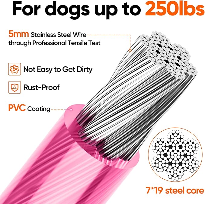 Tresbro 20FT Reflective Tie Out Cable for Dogs Up to 250 Pounds, Steel Wire Lead Leash Cable with Stainless Rotatable Buckle, Lightweight and Enduring, Dog Chains Outside for Outdoor, Yard, Pink