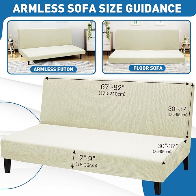 ZNSAYOTX Stretch Fit Futon Cover (67"-82") Armless Futon Sofa Bed Slipcover with Elastic Band, Universal Foldable Sofa Mattress Protector Full Queen Size, Washable Comfort Jacquard (Light Beige)