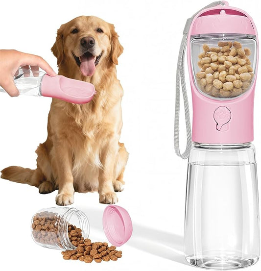 Portable Dog Water Bottle with Food Container, BPA Free Travel Water Bottle for Dogs, 2-in-1 Dispenser Drinking Feeder for Pets Walking, Hiking, Travel, Puppy Essentials, Pink, 19oz