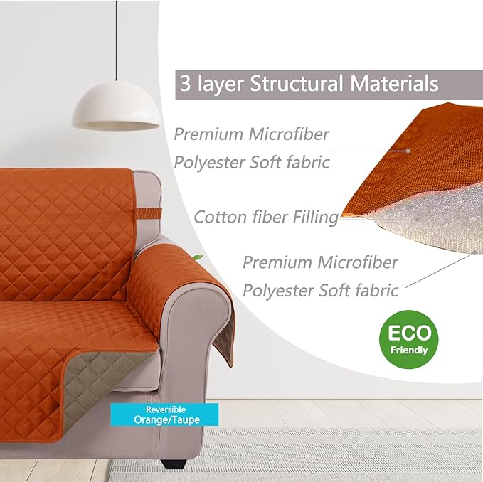 U-NICE HOME Large Sofa Cover Reversible Couch Cover for Dogs with Elastic Straps Water Resistant Furniture Protector for 4 Cushion Couch (Oversized Sofa, Orange/Taupe)