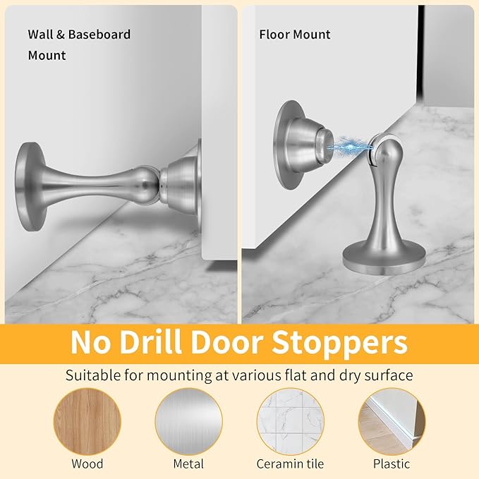 Bak Bo Magnetic Door Stopper, Strong Magnetic Door Holder Keep Door Open, Zinc Alloy Door Catch for Wall & Floor Mounting, No Drilling Door Stop with Adhesive (1 Pack Brushed Nickel)