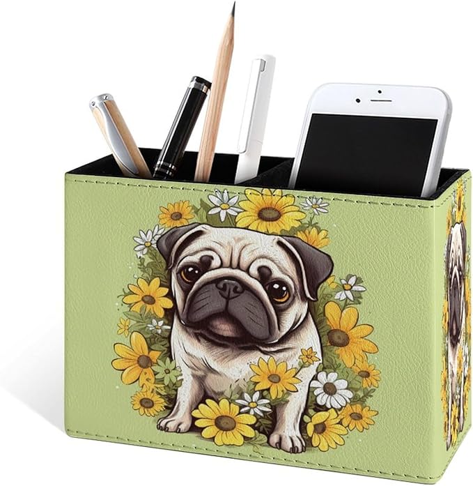 Famame Pug Dog Daisies Pencil Holder for Desk, Leather Desktop Container Pen Cup Storage Study Table Pen Organizer Makeup Brush Holder for Classroom Office Home
