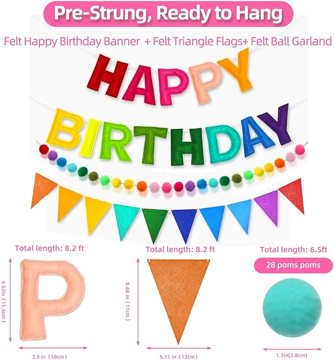 Pre-Strung 3D Happy Birthday Banner-Felt Happy Birthday Decorations Ball Garland Pennant Flag Reusable Rainbow Birthday Decorations Multicolor Rainbow Bunting String Triangle Flags Birthday Party Decor