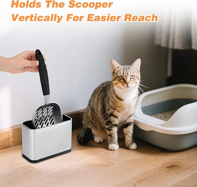 Universal Cat Litter Scoop Holder, Stainless Steel Cat Scooper Caddy for Litter Box, Durable Scoop Stand Metal Trash Container Suitable for Most Metal and Plastic Waste Scoops